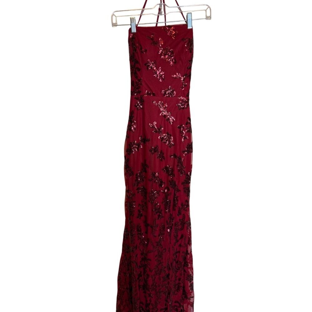 Sequined Burgundy Halter Evening Gown With Floral Embellishments & Lace-Up Back